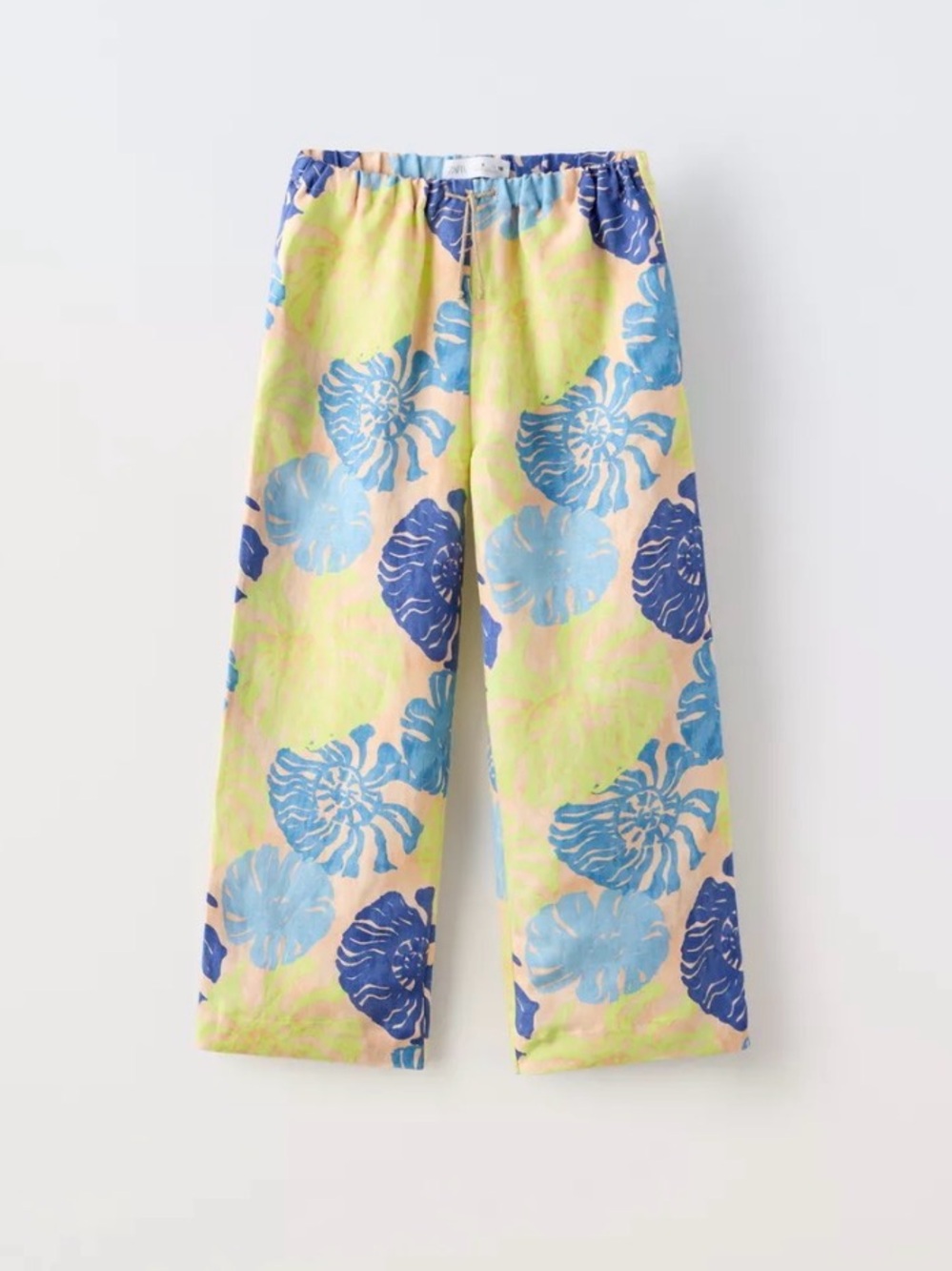 Zara linen-blend trousers vibrant floral pattern, an elastic waistband sz 7